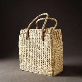 Beige Handcrafted Natural Water Reed Embroidered Shopping Bag