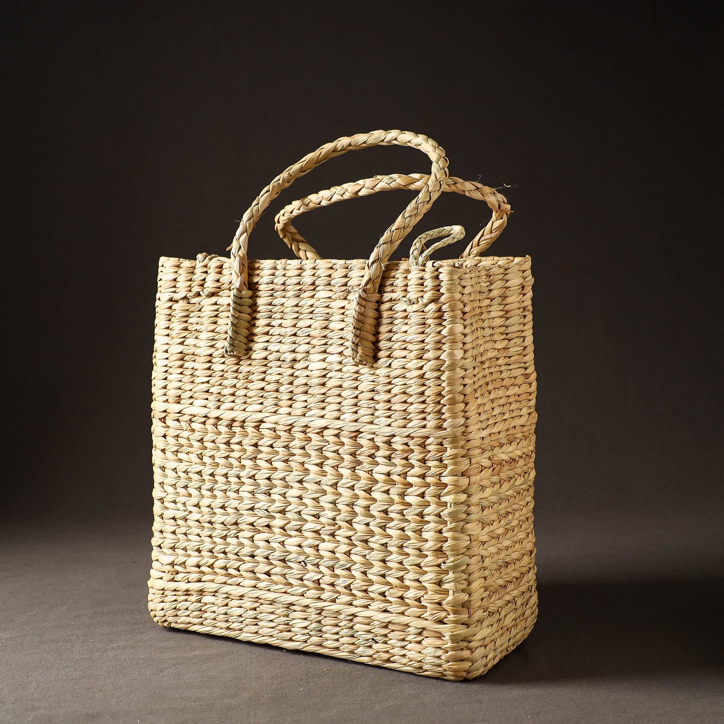 Beige Handcrafted Natural Water Reed Embroidered Shopping Bag