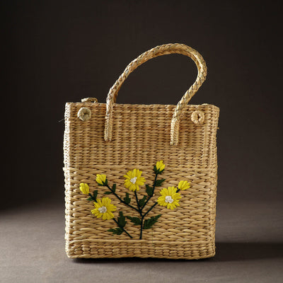 Beige Handcrafted Natural Water Reed Embroidered Shopping Bag