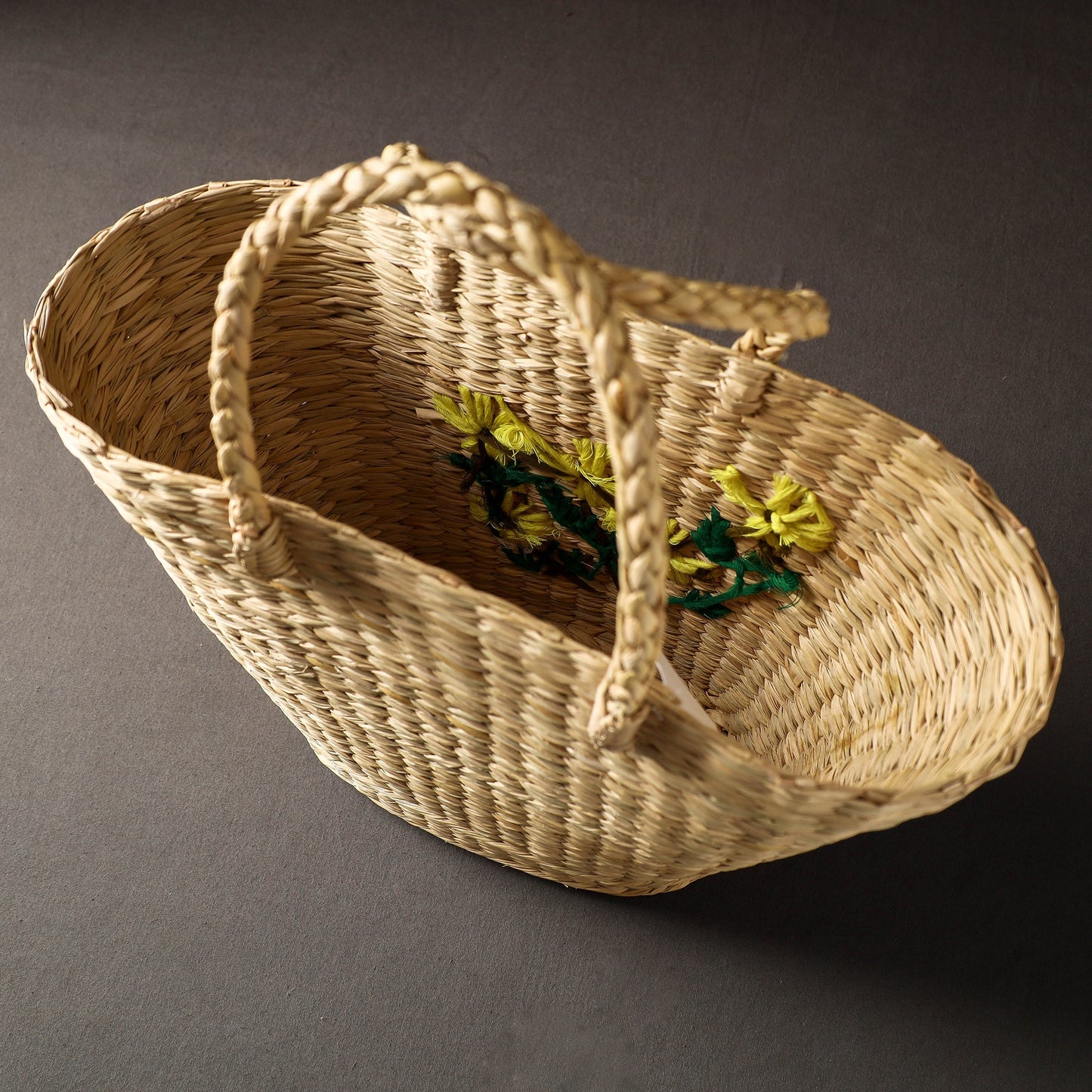 Beige Handcrafted Natural Water Reed Embroidered Shopping Bag