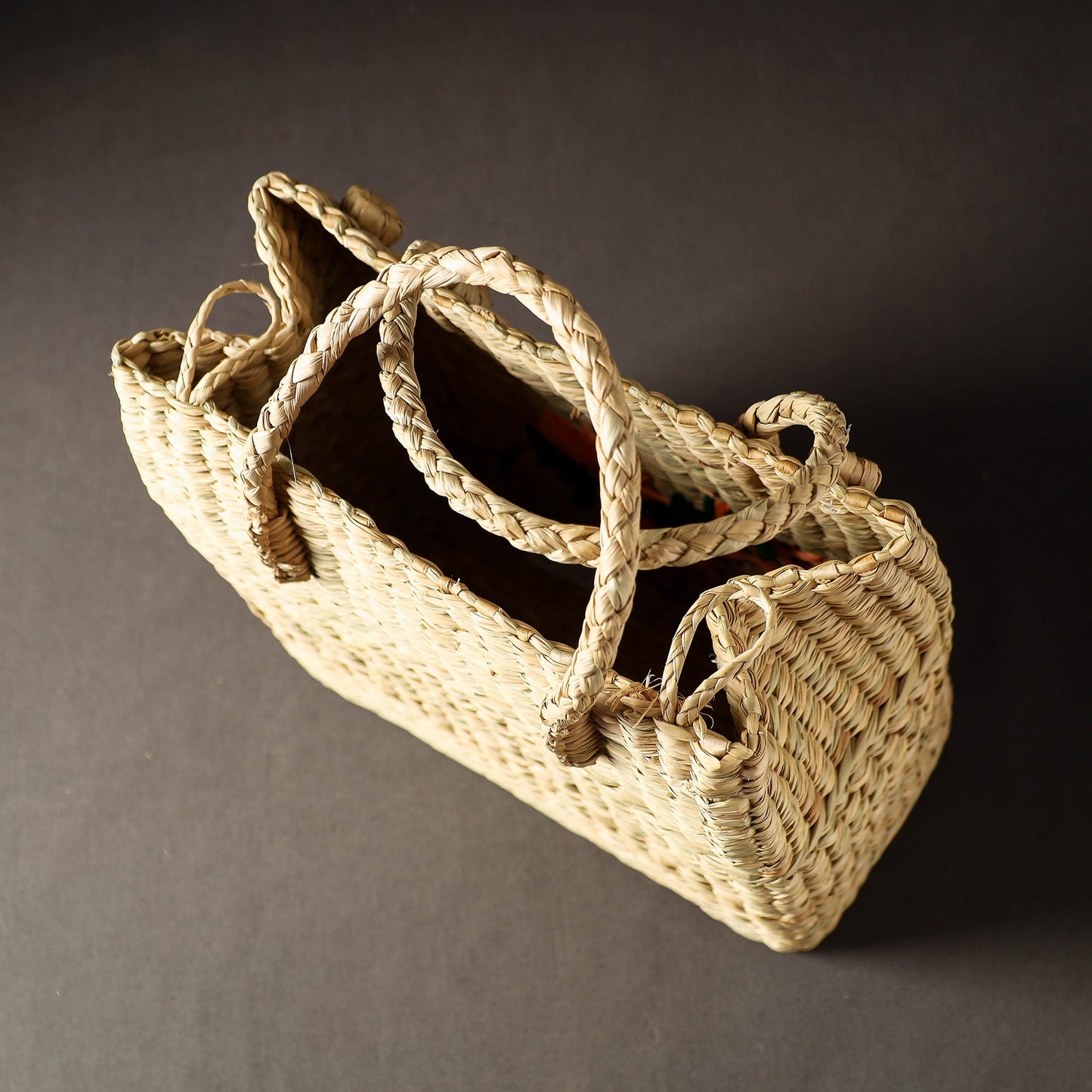 Beige Handcrafted Natural Water Reed Embroidered Shopping Bag