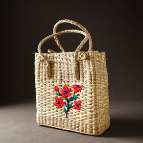 Beige Handcrafted Natural Water Reed Embroidered Shopping Bag