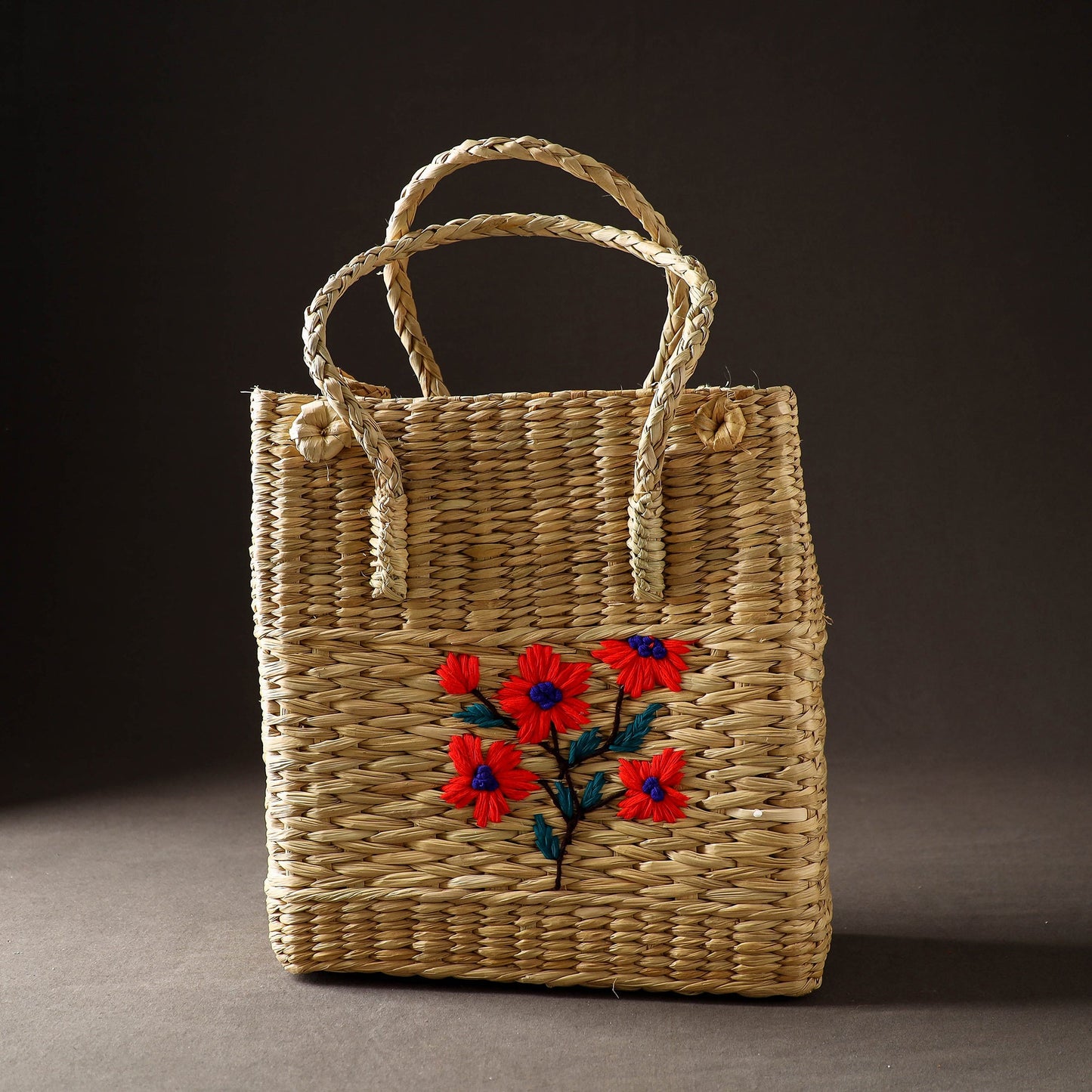 Beige Handcrafted Natural Water Reed Embroidered Shopping Bag