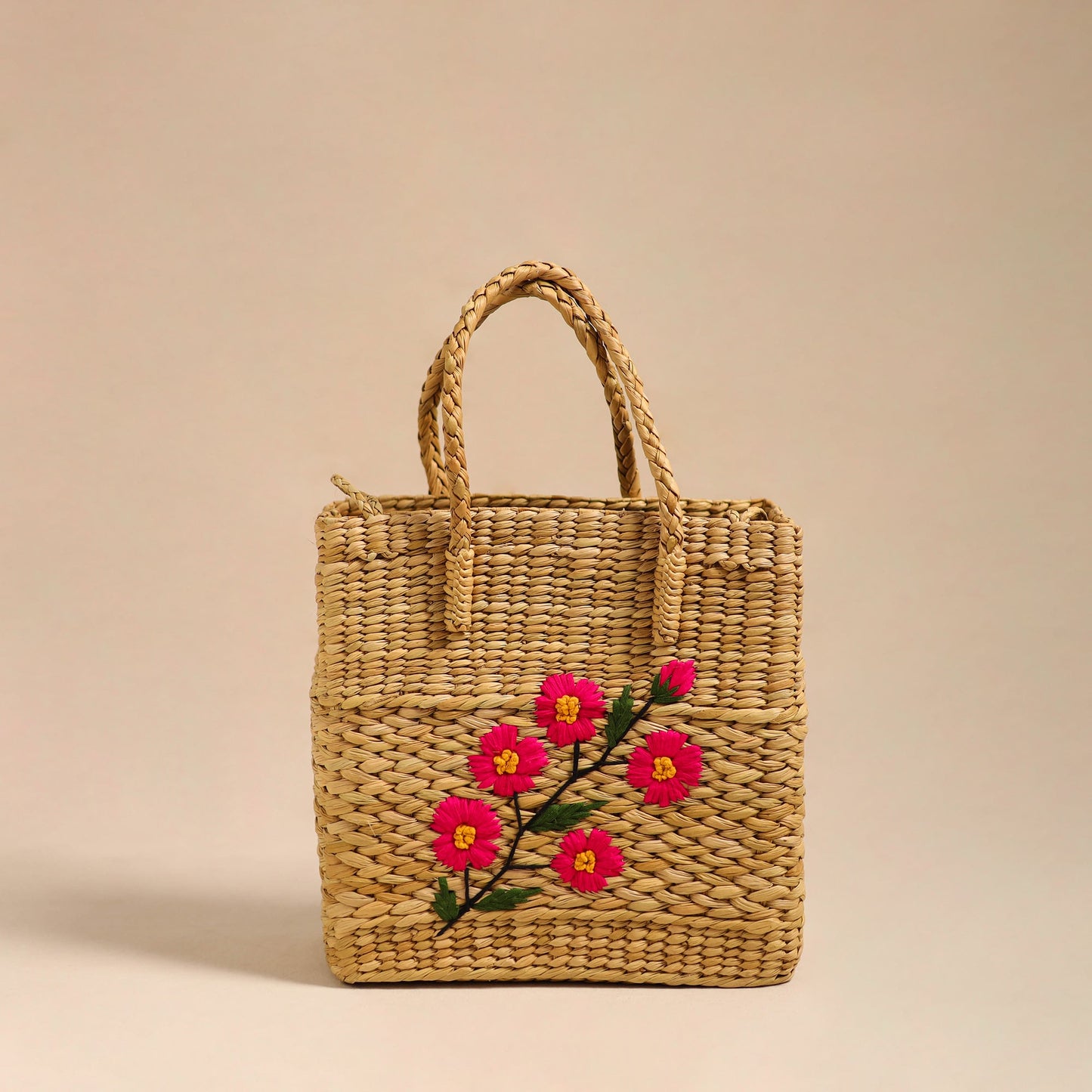 Beige Handcrafted Water Reed Embroidered Shopping Hand Bag