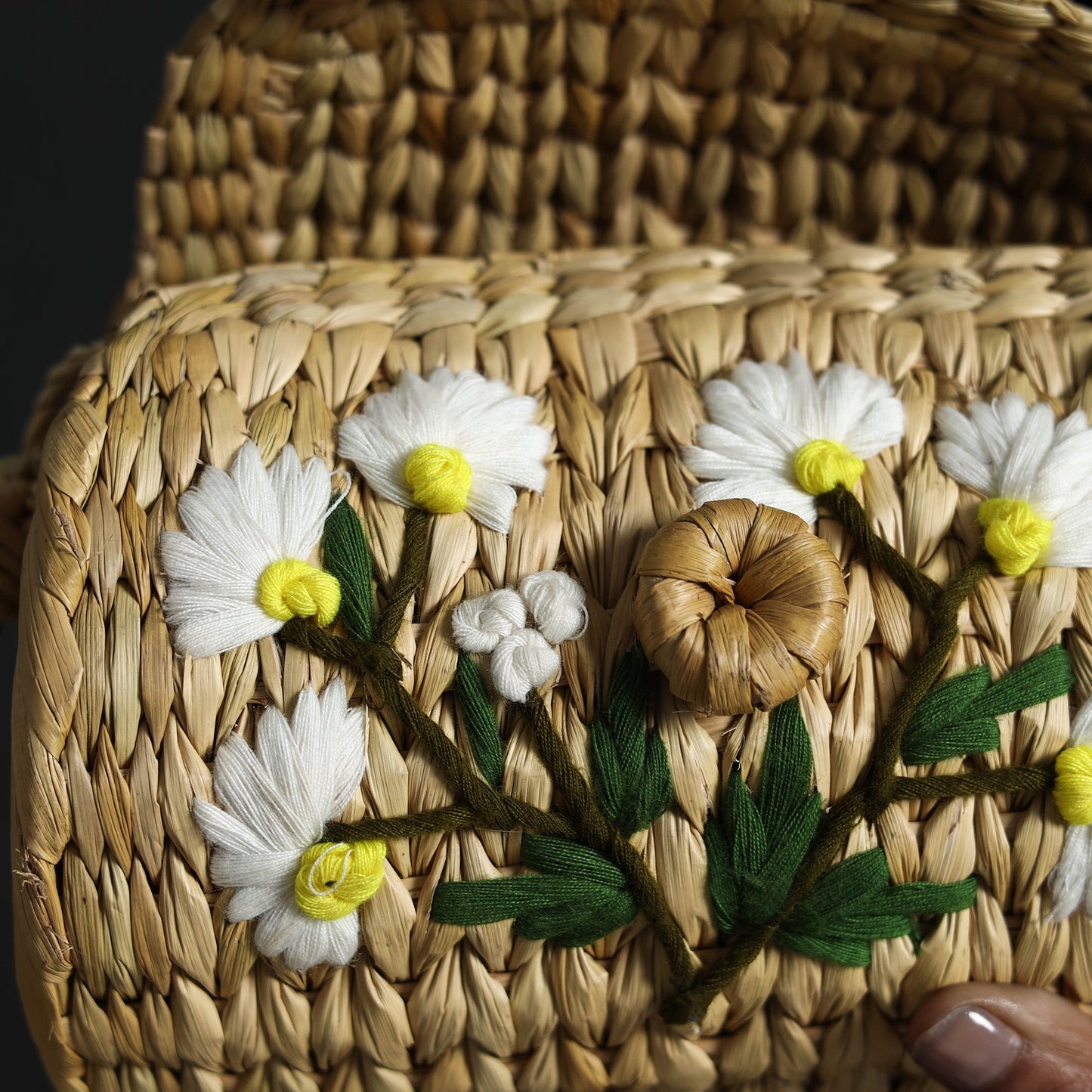 Beige Handcrafted Natural Water Reed Embroidered Sling Bag