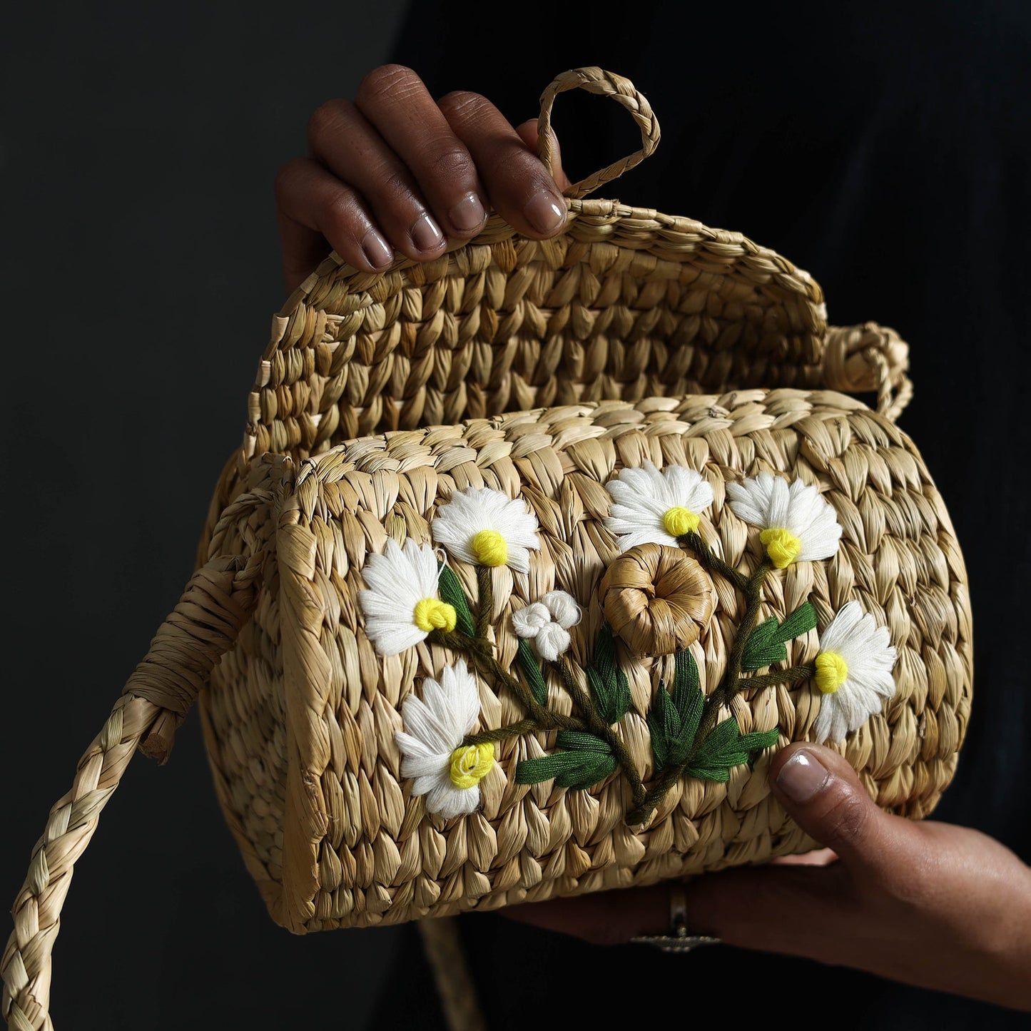 Beige Handcrafted Natural Water Reed Embroidered Sling Bag