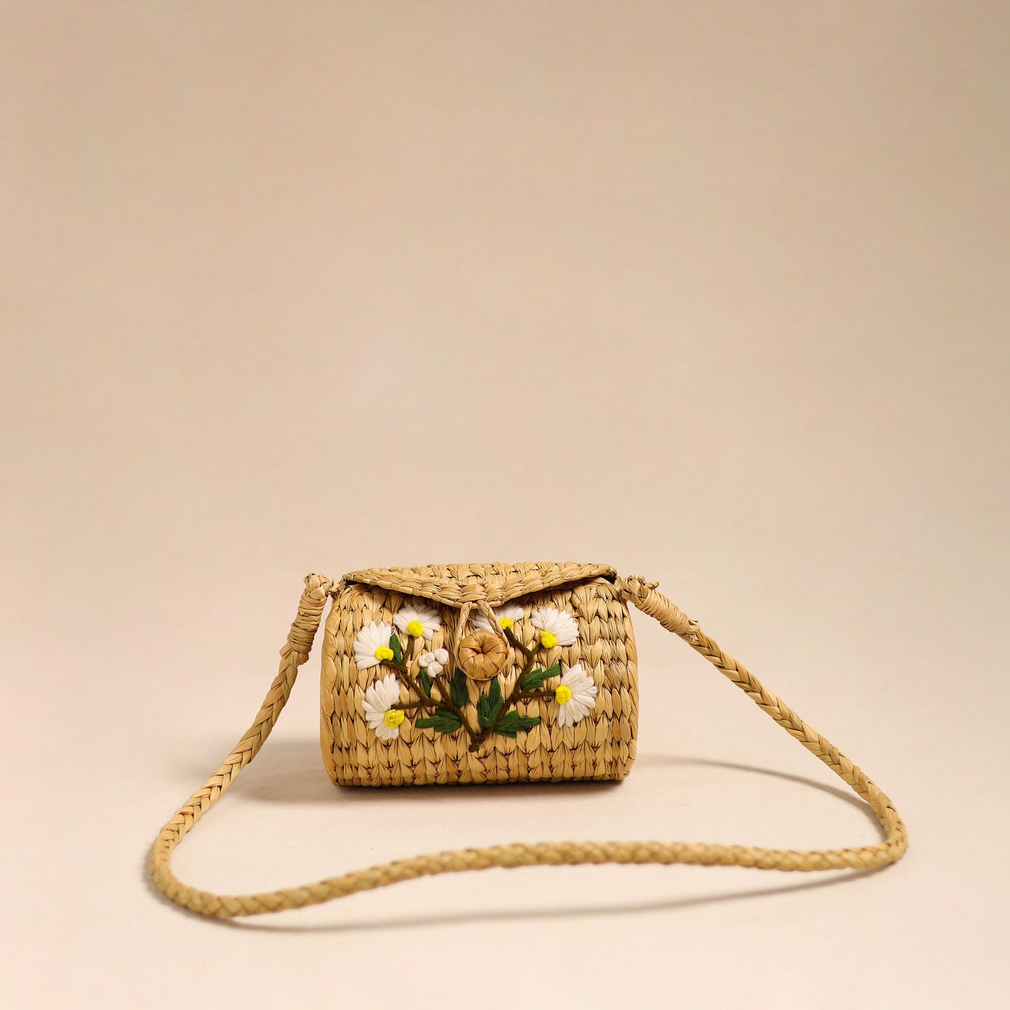 Beige Handcrafted Natural Water Reed Embroidered Sling Bag