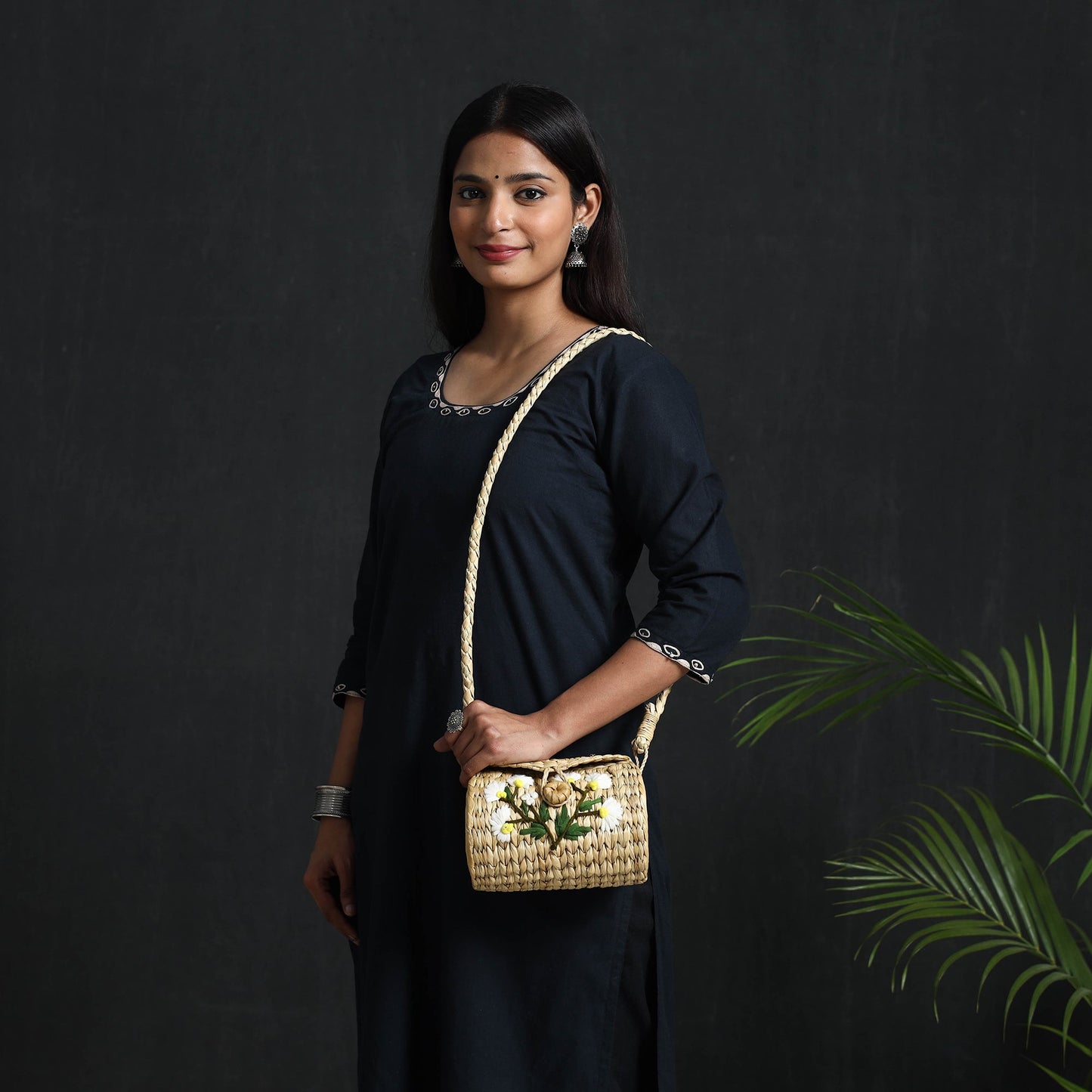 Beige Handcrafted Natural Water Reed Embroidered Sling Bag