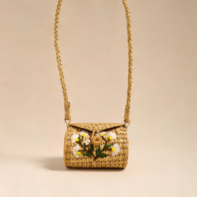 Beige Handcrafted Natural Water Reed Embroidered Sling Bag