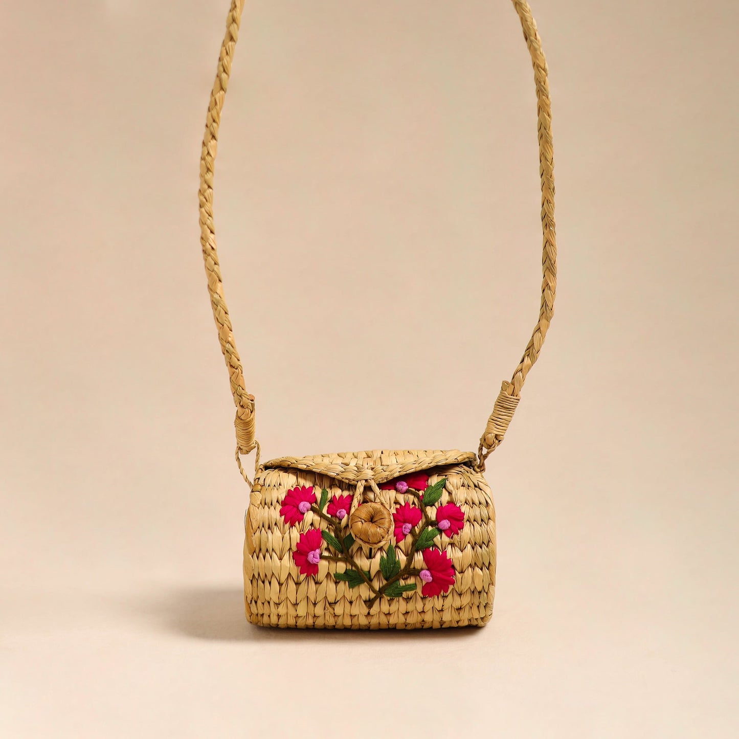 Pink Handcrafted Natural Water Reed Embroidered Sling Bag 