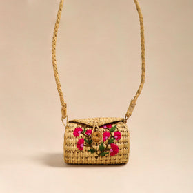 Pink Handcrafted Natural Water Reed Embroidered Sling Bag 