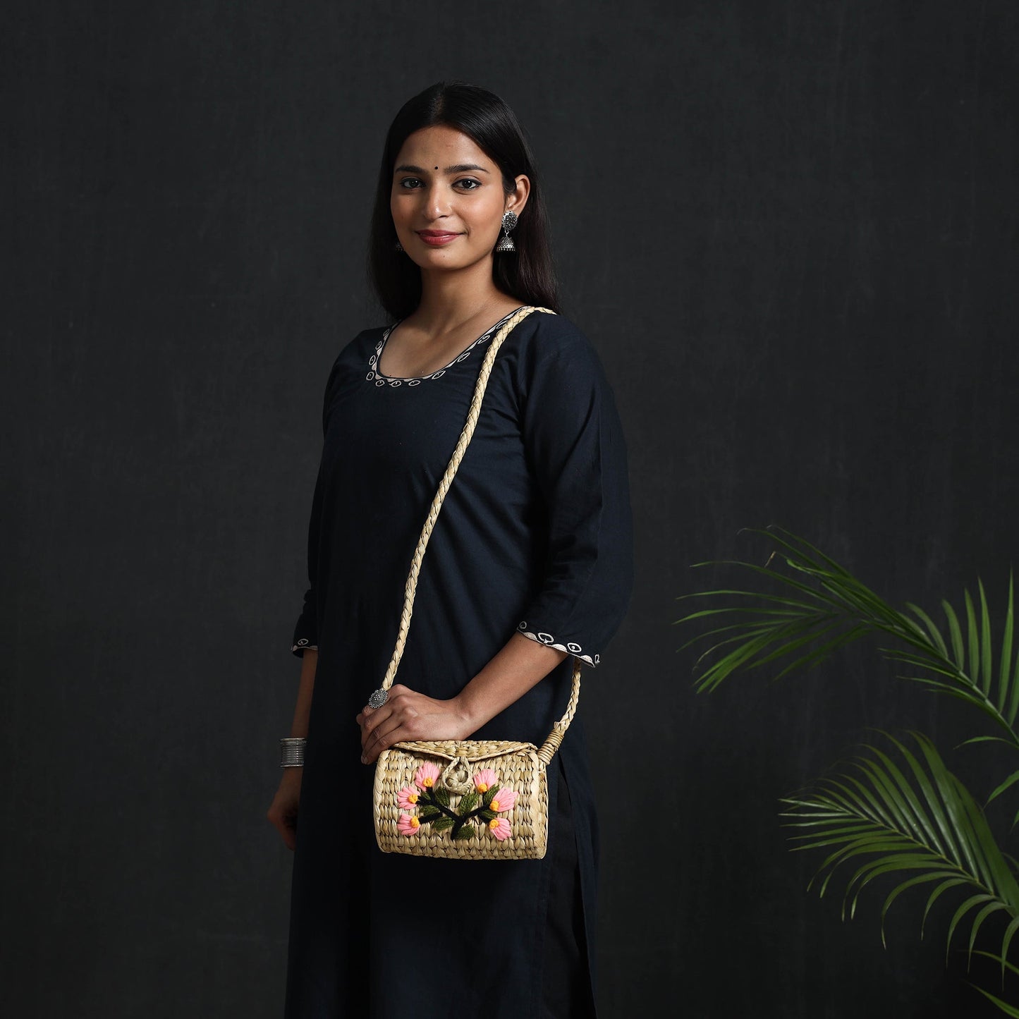 Beige - handcrafted natural water reed embroidered sling