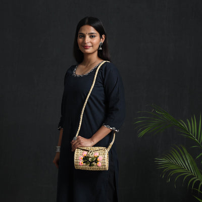 Beige - handcrafted natural water reed embroidered sling