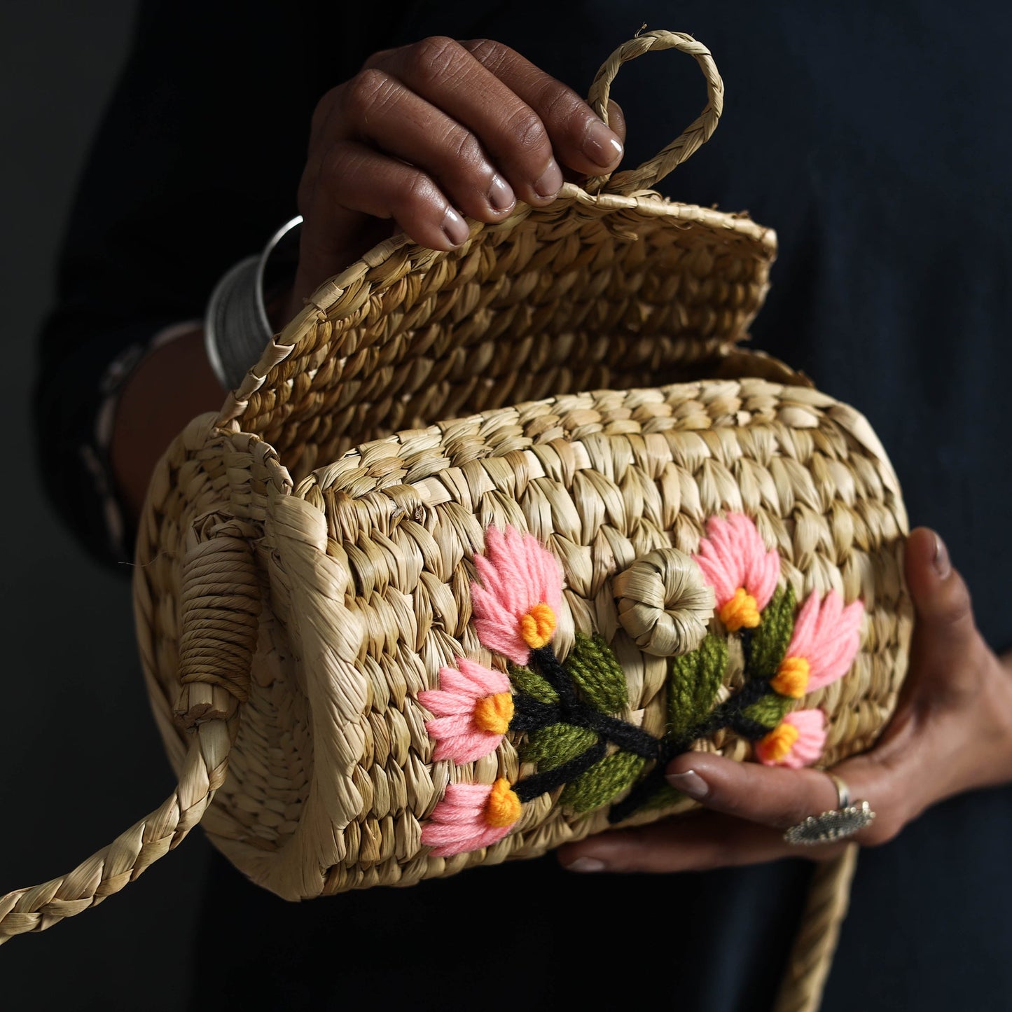 Beige - handcrafted natural water reed embroidered sling