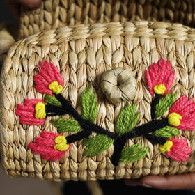 Beige Handcrafted Natural Water Reed Embroidered Sling Bag