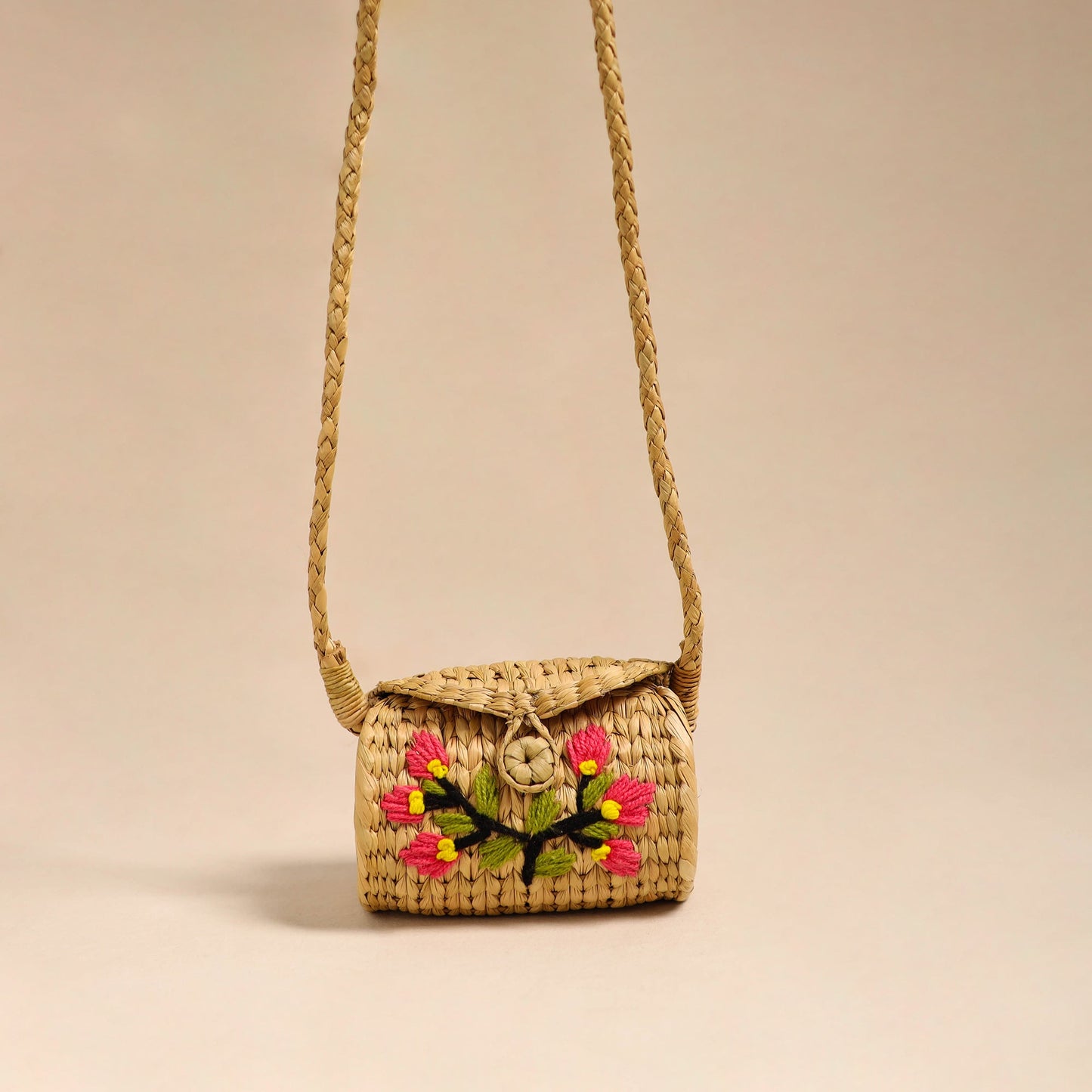 Beige Handcrafted Natural Water Reed Embroidered Sling Bag