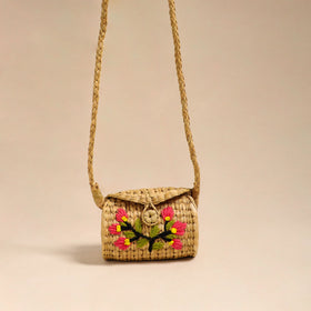 Beige Handcrafted Natural Water Reed Embroidered Sling Bag