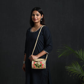 Beige Handcrafted Natural Water Reed Embroidered Sling Bag