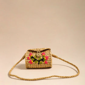 Beige Handcrafted Natural Water Reed Embroidered Sling Bag