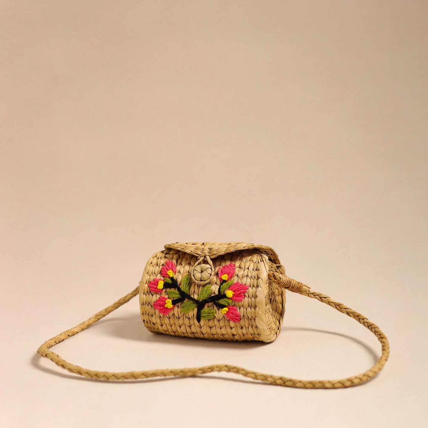 Beige Handcrafted Natural Water Reed Embroidered Sling Bag