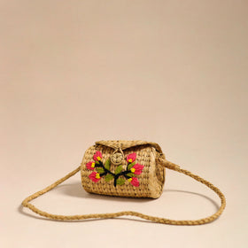 Beige Handcrafted Natural Water Reed Embroidered Sling Bag