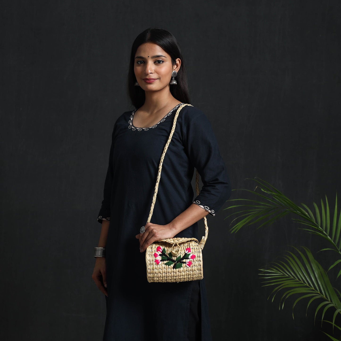 Beige - handcrafted natural water reed embroidered sling