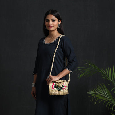 Beige - handcrafted natural water reed embroidered sling