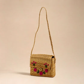Pink Handcrafted Natural Water Reed Embroidered Sling Bag 