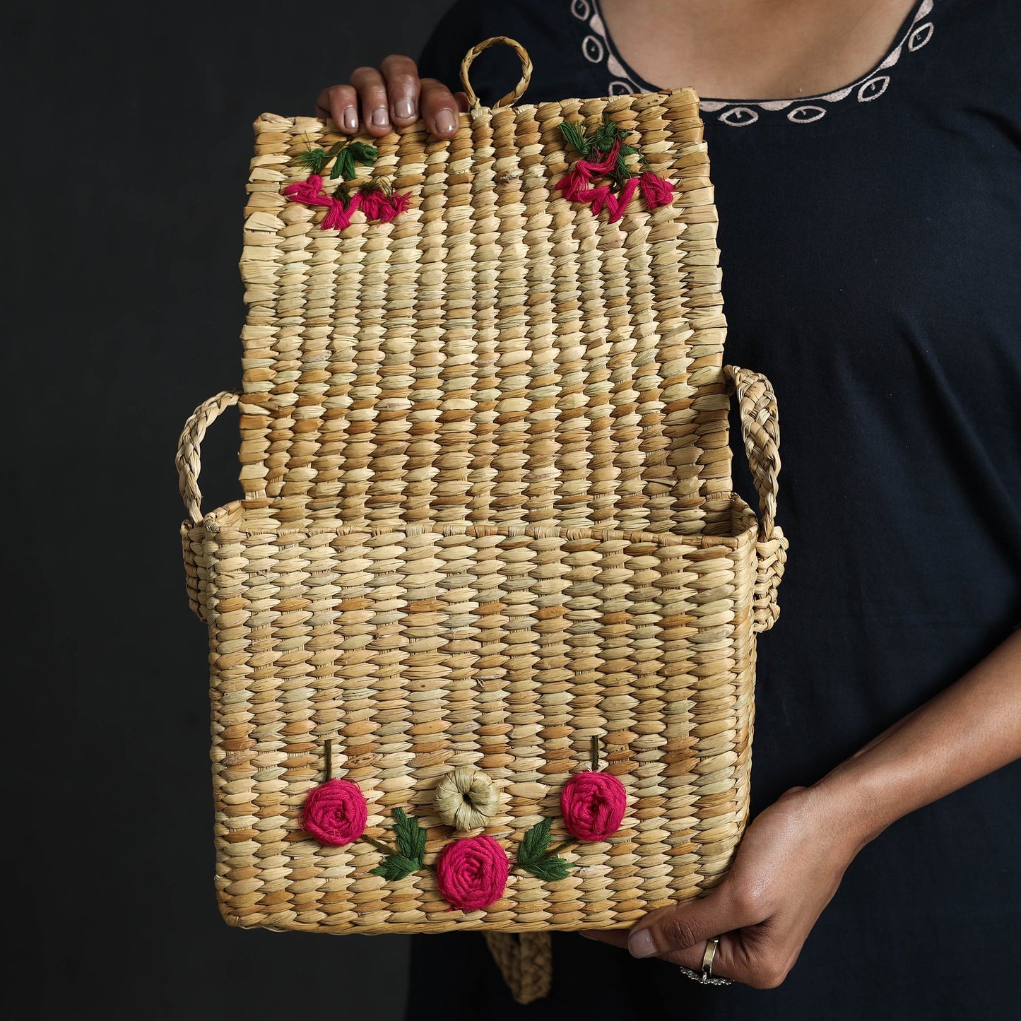 Pink Handcrafted Natural Water Reed Embroidered Sling Bag 