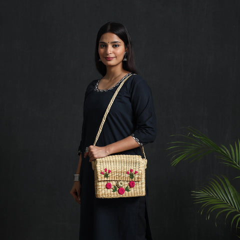 Pink Handcrafted Natural Water Reed Embroidered Sling Bag 