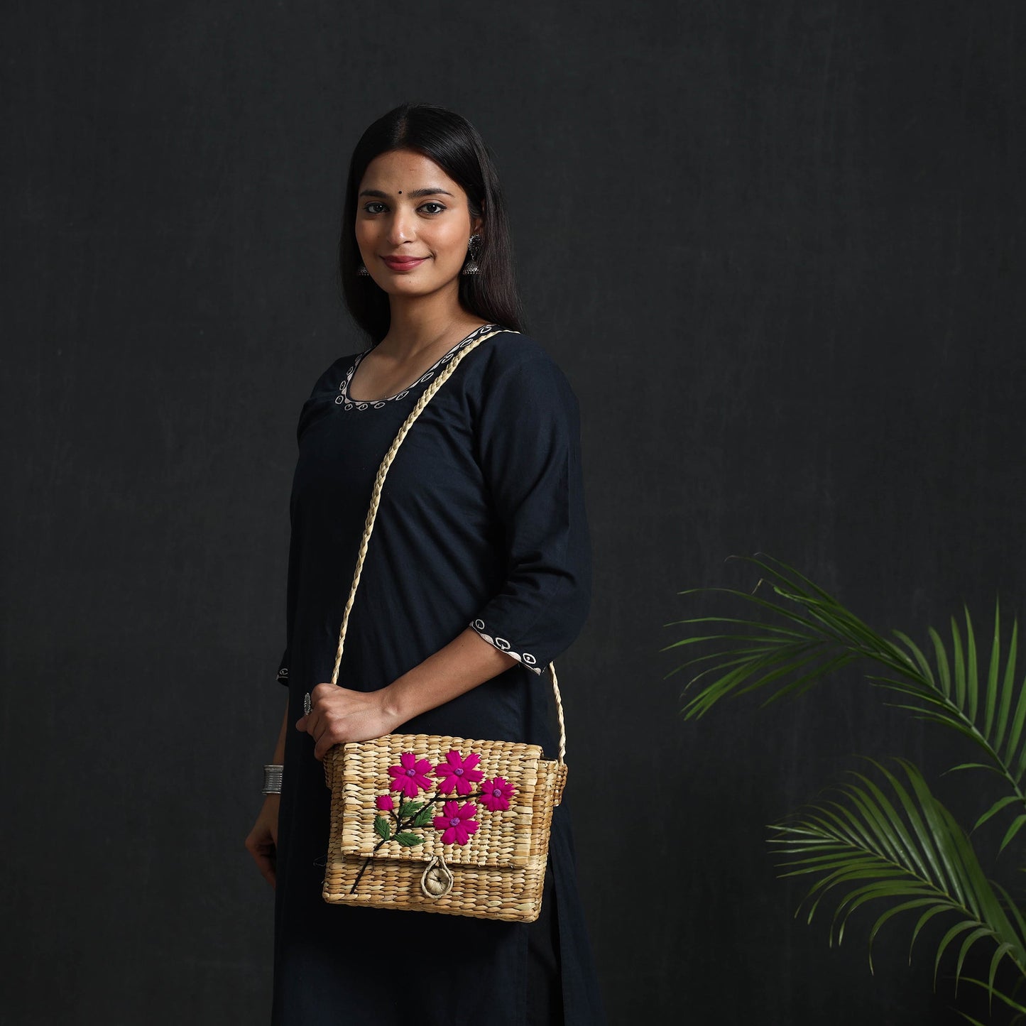 Beige - handcrafted natural water reed embroidered sling