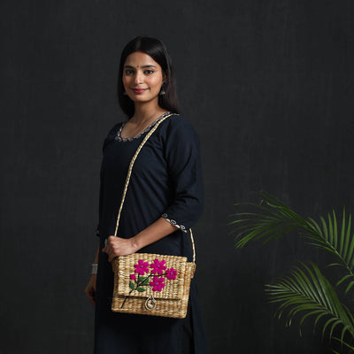 Beige - handcrafted natural water reed embroidered sling