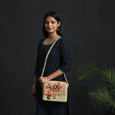 Orange Handcrafted Natural Water Reed Embroidered Sling Bag 