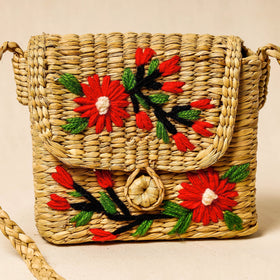 Beige Handcrafted Natural Water Reed Embroidered Sling Bag