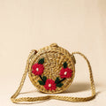 Beige Handcrafted Natural Water Reed Embroidered Sling Bag