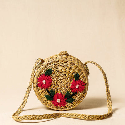 Beige Handcrafted Natural Water Reed Embroidered Sling Bag
