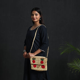 Beige Handcrafted Natural Water Reed Embroidered Sling Bag