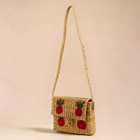 Beige Handcrafted Natural Water Reed Embroidered Sling Bag