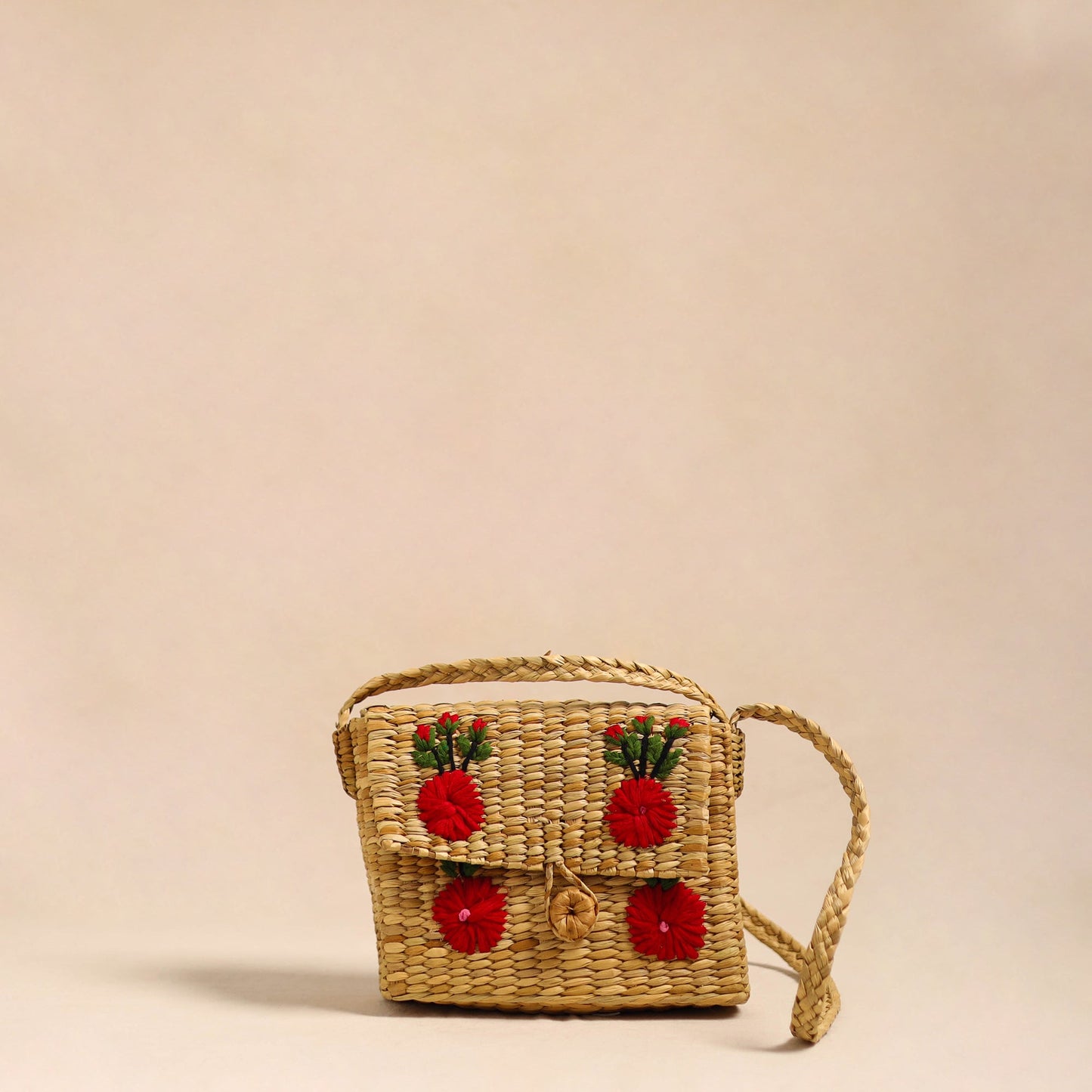 Beige Handcrafted Natural Water Reed Embroidered Sling Bag