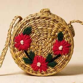 Beige Handcrafted Natural Water Reed Embroidered Sling Bag