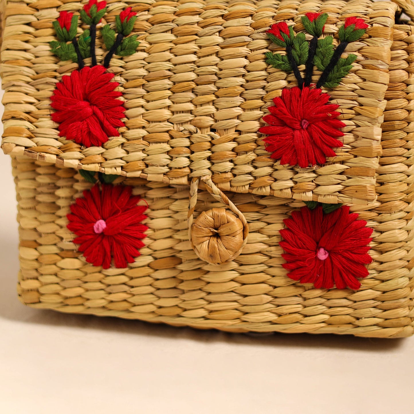 Beige Handcrafted Natural Water Reed Embroidered Sling Bag