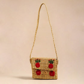 Beige Handcrafted Natural Water Reed Embroidered Sling Bag