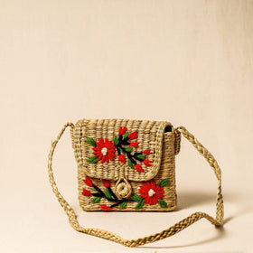 Beige Handcrafted Natural Water Reed Embroidered Sling Bag