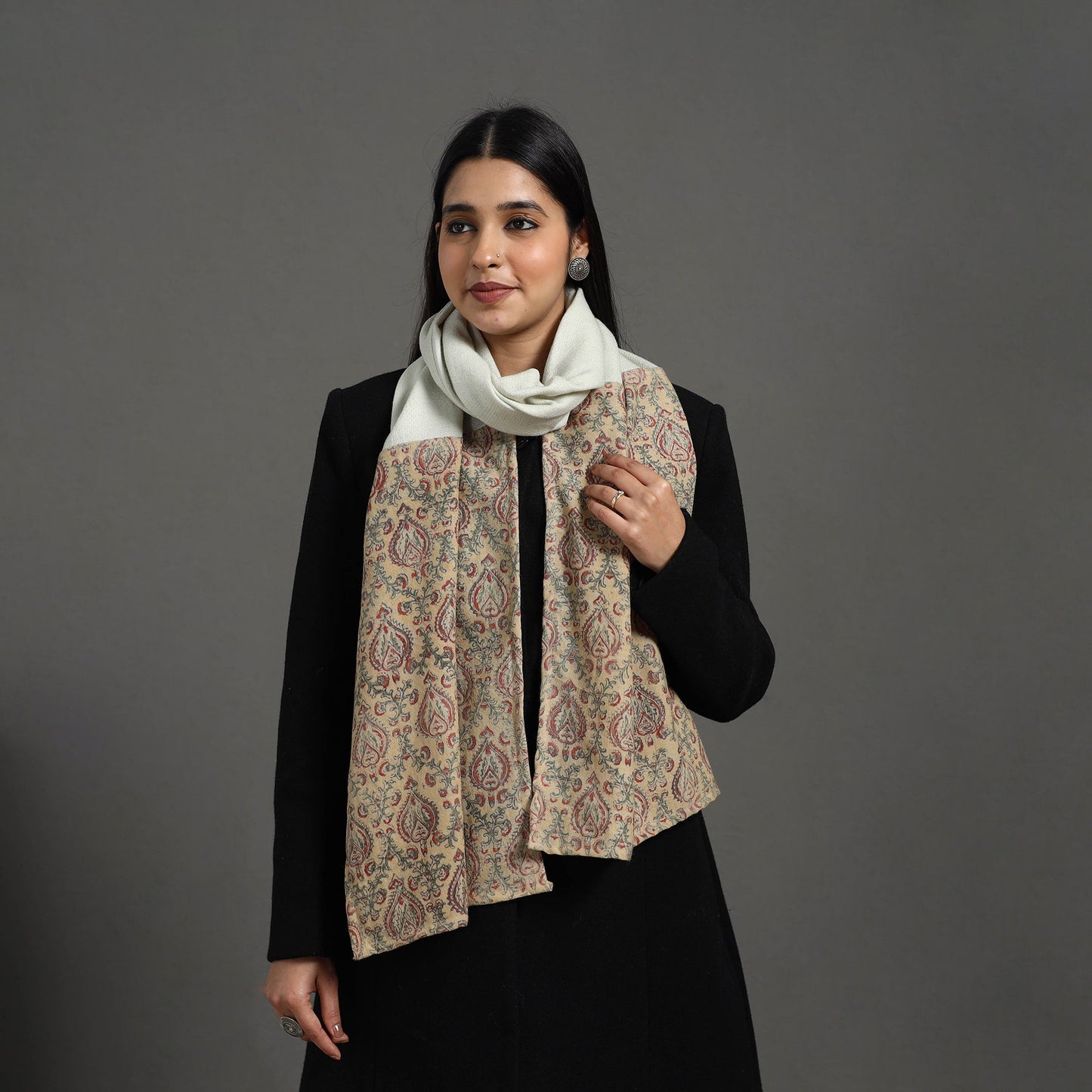 Beige - handcrafted patchwork woollen stole 05