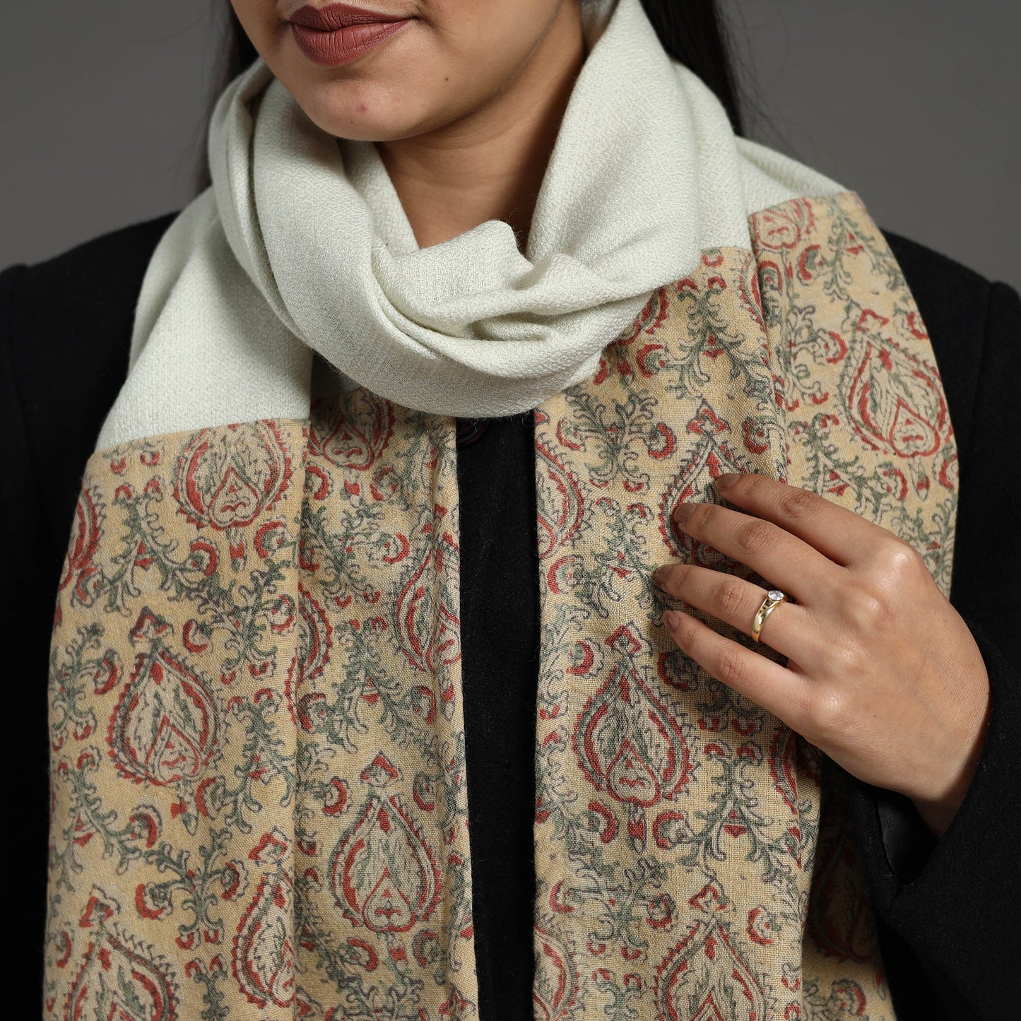 Beige - handcrafted patchwork woollen stole 05