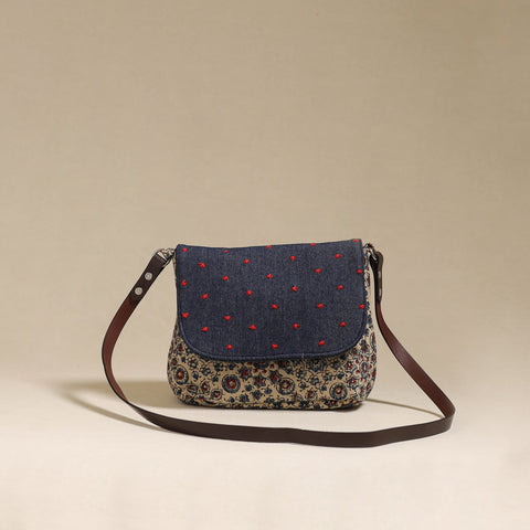 Handcrafted quilted ajrakh block printed fabric sling bag