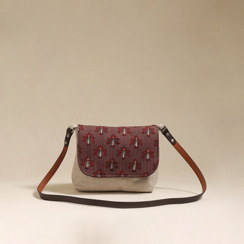 Handcrafted quilted ajrakh block printed fabric sling bag