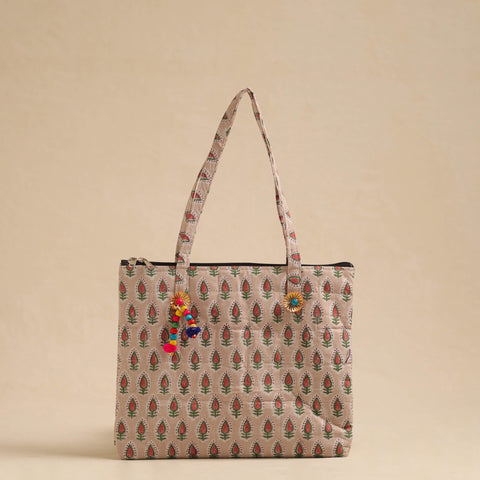  Beige Handcrafted Quilted Cotton Hand Bag