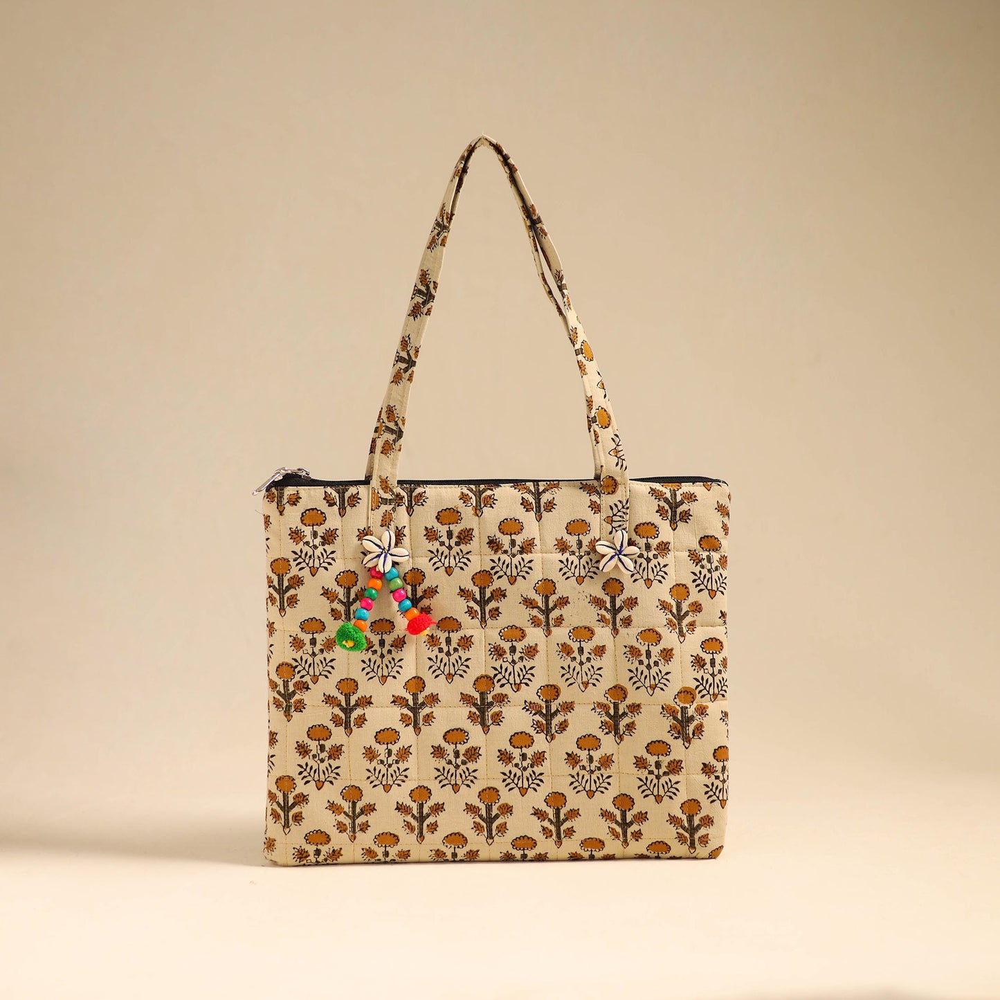 Beige Handcrafted Quilted Cotton Handbag