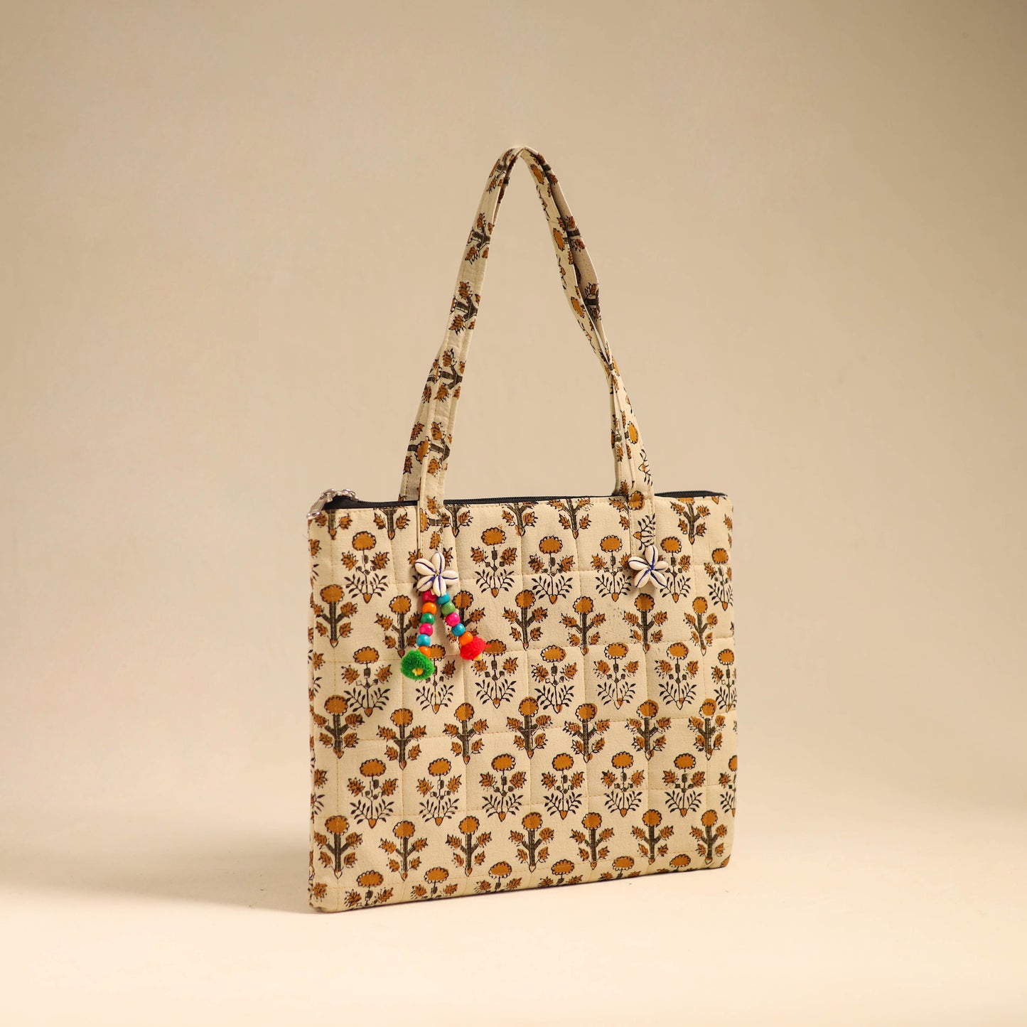 Beige Handcrafted Quilted Cotton Handbag